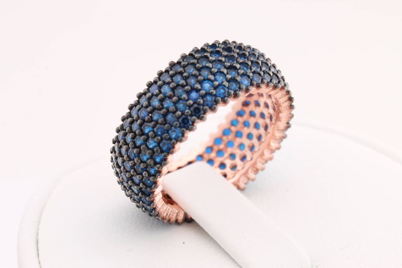 Band Ring Handmade Turkish Special Blue Sapphire Zircon Jewelry 5 Lines 925 Sterling Silver Rose Gold Ring for Gift for Ladies All Sizes image 2