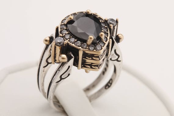 Reversible Ring Turkish Desing Pear Cut Black Onyx And White Etsy