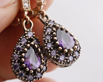 Handmade Amethyst in 925K Sterling Silver Earrings - Ottoman Style Drop Cut Amethyst and Topaz - Hurrem Sultan Turkish Jewelry Gift Ladies