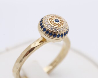 Turkish Nazar Protection Good Luck Handmade Round Cut Evil Eye Sapphire Topaz 925 Sterling Silver Yellow Gold  Ring Size Options