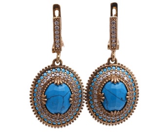 Hurrem Design! Turkish Handmade Jewelry Oval Shape Sapphire and Round Cut Topaz 925 Sterling Silver Dangle/Drop Earrings