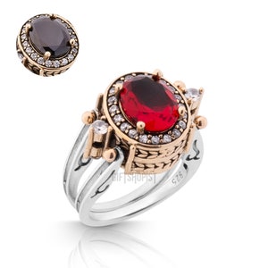 Extraordinary Ring! Two in a One Ring Reversible Ottoman Style Oval Cut Shape Ruby and Black Topaz 925 Sterling Silver Women Ring All Size