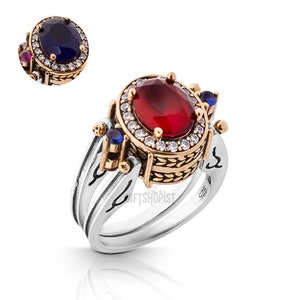 Extraordinary Ring! Two in a One Ring Reversible Ottoman Style Oval Cut Blue Sapphire Ruby and Shiny Topaz Women Gift Gift Ring All Sizes