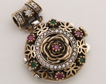 Secret! Turkish Handmade Jewelry Round Ruby Emerald Topaz 925 Sterling Silver Locket Pendant