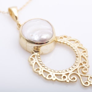 Special Design! Turkish Handmade Jewelry Round Cut Pearl White and Topaz 925 Sterling Silver Yellow Gold Necklace