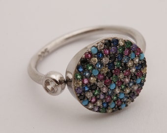 Turkish Jewelry Round Shape Sapphire Turquoise Emerald Pink Ruby Topaz Black Citrine Zircon 925 Sterling Silver Rhodium Ring Size All