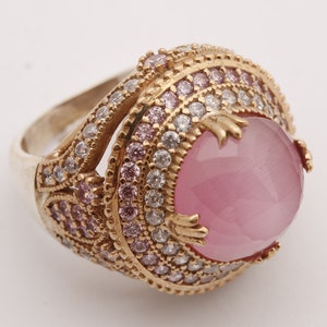 Hurrem Design! Turkish Handmade Jewelry Round Shape Pink Cat's Eye and Round Cut Topaz 925 Sterling Silver Ring Size Options