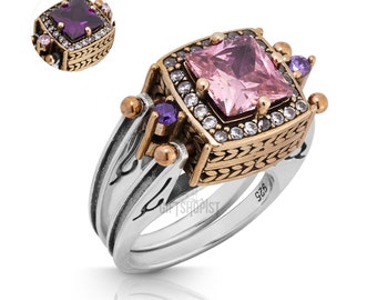 Turkish Handmade Jewelry Reversible 2 rings in 1 ring Square Cut Amethyst & Pink Topaz 925 Sterling Silver Ladie's Ring All Size