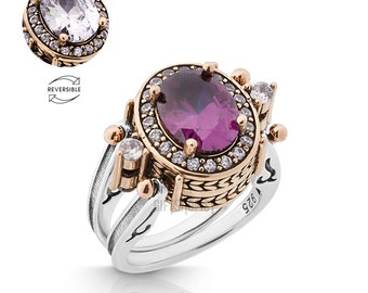 Extraordinary Ring! Two in a One Ring Reversible Ottoman Style Oval Cut Purple Amethyst and White Shiny Topaz  Women Ring All Size