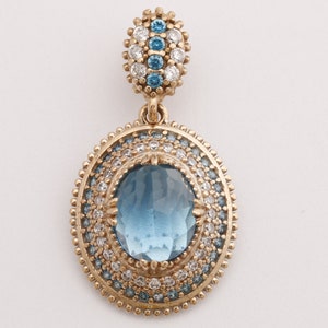 Hurrem Design! Turkish Handmade Jewelry Oval Shape London Blue and Round Cut Topaz 925 Sterling Silver Pendant