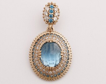 Hurrem Design! Turkish Handmade Jewelry Oval Shape London Blue and Round Cut Topaz 925 Sterling Silver Pendant