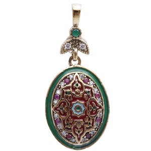 Motiv Stil Türkisch Handgefertigt Alle Authentischen Schmuck Oval Form Smaragd Emaille und Runde Topas 925 Sterling Silber Anhänger