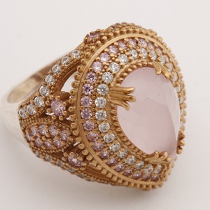 Hurrem Design! Turkish Handmade Jewelry Drop Shape Pear Cut Pink Quartz and Round Cut Topaz 925 Sterling Silver Ring Size Options