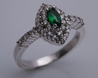 Wedding Design! Turkish Handmade Jewelry Emerald Marquise Rhodium Style  and Round Cut White Topaz 925 Sterling Silver Ring Size Options