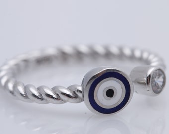 Nazar Good Luck! Turkish Handmade Jewelry Evil Eye Round Sapphire Topaz 925 Sterling Silver Ring Adjustable Size