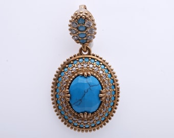 Hurrem Design! Turkish Handmade Jewelry Oval Shape Turquoise and Round Cut Topaz 925 Sterling Silver Pendant