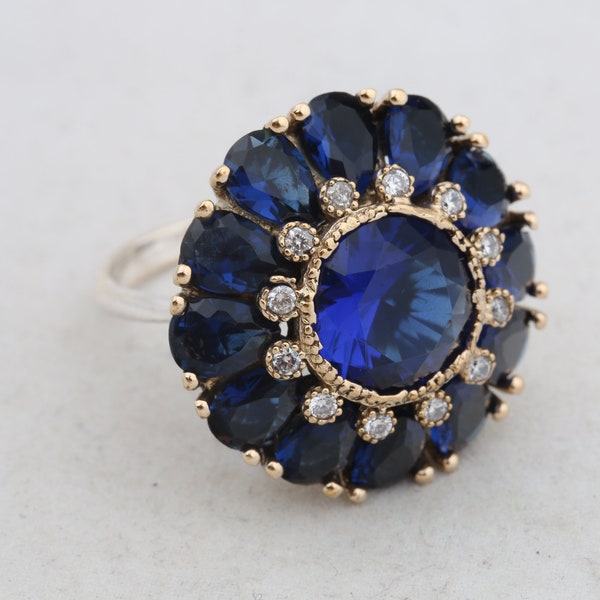 Hurrem Design! Turkish Handmade Jewelry Flower Round Shape Sapphire and Round Cut Topaz  925 Sterling Silver Ring Size Options