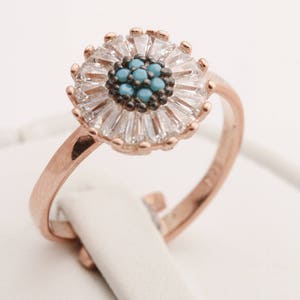 Round Shape Special Design Turkish Baguette Turquoise Handmade 925 Sterling Silver Round Cut White Topaz Rose Ring Size Adjustable