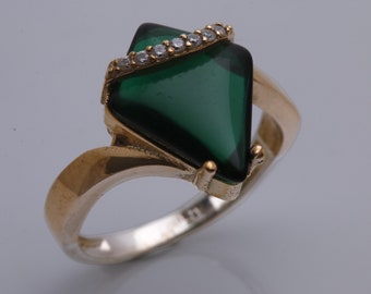 Turkish Handmade Jewelry Emerald and Round Cut Topaz 925 Sterling Silver Ring Size Options