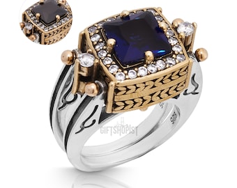 Extraordinary Ring! Two in a One Ring Reversible Ottoman Style Square Cut Sapphire and Black Onyx Topaz  Women Gift Ring All Sizes