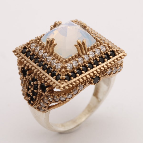 Turkse handgemaakte sieraden vierkante vorm prinses geslepen maansteen en rond geslepen zwarte onyx topaas 925 sterling zilveren ringmaatopties