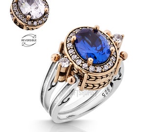 Extraordinary Ring! Two in a One Ring Reversible Ottoman Style Oval Cut Blue Sapphire and White Shiny Topaz Women Gift Ring All Sizes