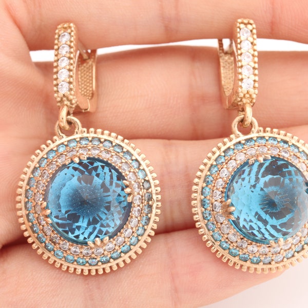 Hurrem Design! Turkish Handmade Jewelry Round Shape London Blue and Round Cut Topaz 925 Sterling Silver Dangle/Drop Earrings