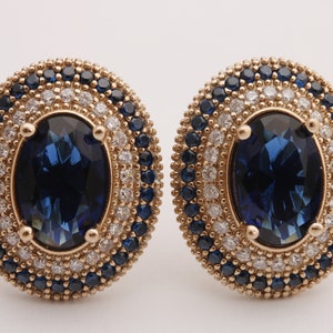 Hurrem Design! Turkish Handmade Jewelry Small Oval Shape Sapphire and Round Cut Topaz  925 Sterling Silver Stud Earrings