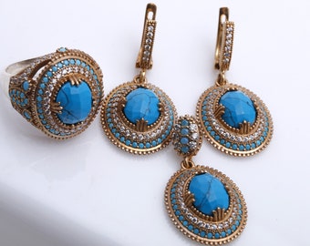 Ottoman Collection Turkish Jewelry Oval Cut Turquoise and Round Cut Topaz 925 Sterling Silver Jewelry Set Size Option