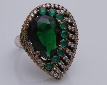 Hurrem Design! Turkish Handmade Jewelry Drop Shape Emerald and Round Cut Topaz 925 Sterling Silver Ring Size Options
