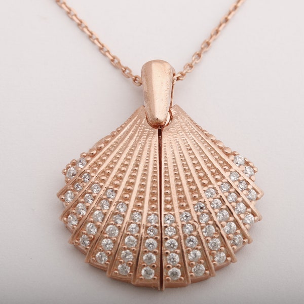 Turkse handgemaakte sieraden Zeeschelp Speciaal ontwerp 925 sterling zilver Binnenkant is open Ronde geslepen witte topaas Zirkoon Rose gouden ketting