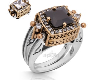 Extraordinary Ring! Two in a One Ring Reversible Ottoman Style Square Cut Black Onyx and White Shiny Topaz  Women Gift Ring All Sizes