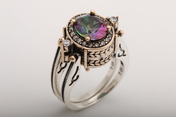 Extraordinary Ring! Two in a One Ring Reversible Ottoman Style Oval Cut Alexandrite and White Topaz 925 Sterling Silver Woman Ring All Size