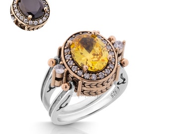 Extraordinary Ring! Two in a One Ring Reversible Ottoman Style Oval Cut Black Onyx and Citrine Topaz Women Gift  Ring All Sizes