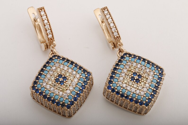 Evil Eye! Protection Nazar Design Turkish Handmade Jewelry Square Shape Round Cut Sapphire WhiteTopaz925Sterling Silver Drop/Dangle Earrings