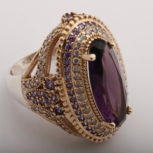 Hurrem Design! Turkish Handmade Jewelry Long Oval Shape Amethyst and Round Cut Topaz 925 Sterling Silver Ring Size Options