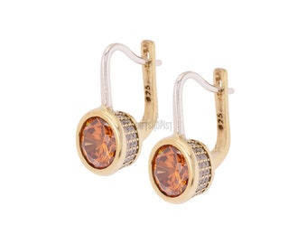 Fashion Style! Turkish Handmade Jewelry Round Shape Honey Topaz and Round Cut Topaz 925 Sterling Silver Stud Earrings