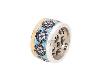 Evil Eye Turkish Nazar Handcrafted 925 Sterling Silver Sapphire White Topaz Blue Enamel Band Style Ring for Gift for Her/His Size