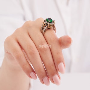 Reversible Ring Turkish Desing Pear Cut Green Emerald and White Shiny ...