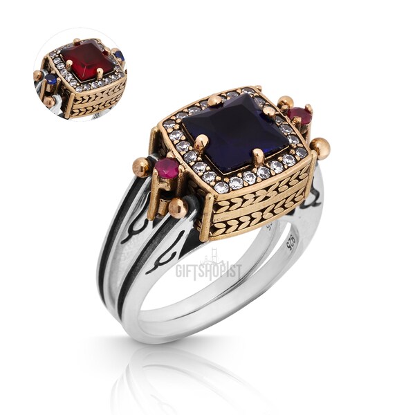 Extraordinary Ring!Two in a One Ring Reversible Ottoman Style Square Cut Sapphire Ruby and White Shiny Topaz Women Ring All Sizes