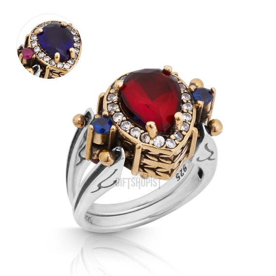 Reversible Ring Turkish Desing Pear Cut Sapphire Ruby and White