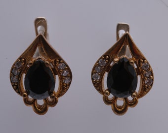 New Model! Turkish Handmade Jewelry Drop Shape Black and Cut Topaz 925 Full Sterling Silver Stud Earrings