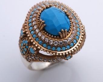 Hurrem Design! Turkish Handmade Jewelry Oval Shape Turquoise and Round Cut Topaz 925 Sterling Silver Ring Size Options