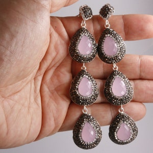 Fantastic Design! Turkish Handmade Jewelry Round Cut Pink Zircon Stone 925 Sterling Silver Drop/Dangle Earrings