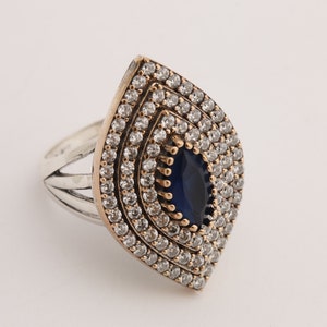 Special Design! Turkish Handmade Jewelry Marquise Shape Blue Sapphire and Round Cut Topaz 925 Sterling Silver Ring Size Options