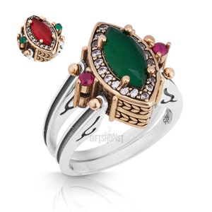 Unbelievable! Two in a One Ring Reversible Ottoman Turkish Marquise Cut Green Emerald Ruby Jade and White Topaz  Women Ring All Sizes