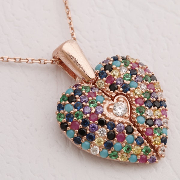 Turkish Handmade Jewelry Heart Special Design 925 Sterling Silver Inside is open Round Cut Colorful Topaz Rose Gold Chain Necklace