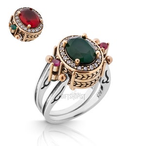 Extraordinary Ring! Two in a One Ring Reversible Ottoman Style Oval Cut Emerald Ruby Jade and White Shiny Topaz  Women Ring All Sizes
