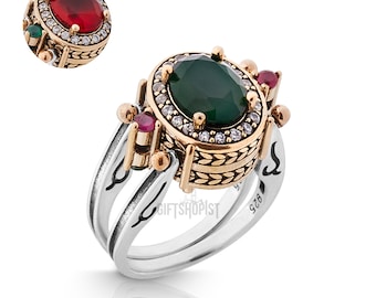 Extraordinary Ring! Two in a One Ring Reversible Ottoman Style Oval Cut Emerald Ruby Jade and White Shiny Topaz 2 Band Woman Ring All Sizes