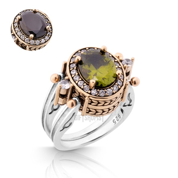 Extraordinary Ring! Two in a One Ring Reversible Ottoman Style Oval Cut Olive Peridot and Black Onyx 2 Band Woman Ring All Sizes